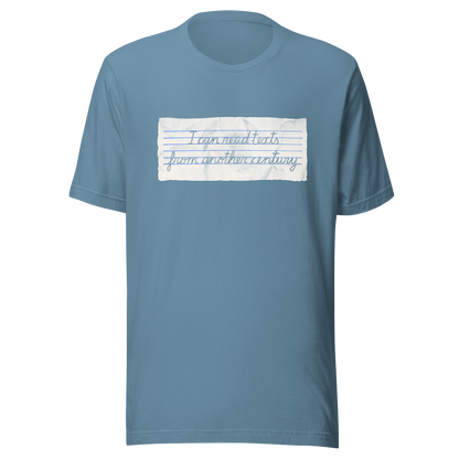 A minimalist artwork featuring handwritten lettering on crumpled, vintage notebook-style paper. The phrase “I can read texts from another century” blends nostalgia and ironic humour, making it perfect for book lovers, history enthusiasts, and literary nerds.
