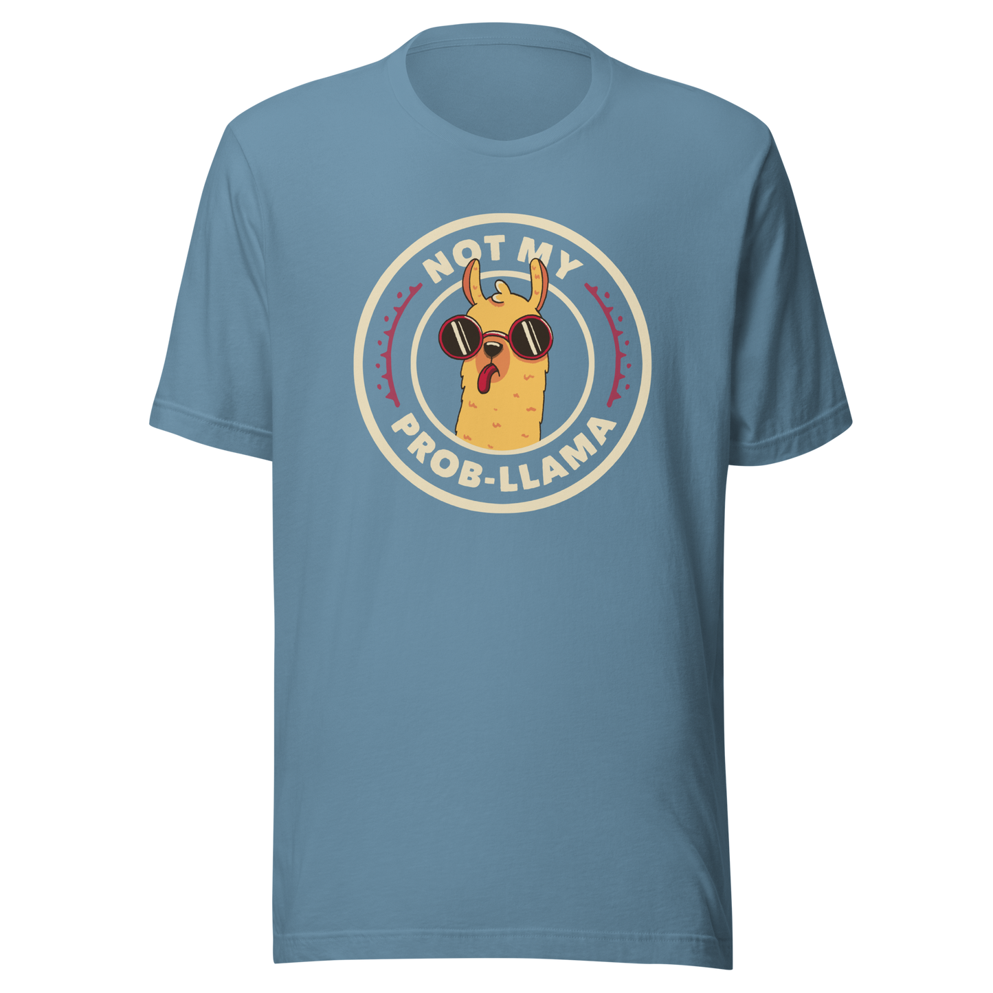 A delightful stamp-style illustration featuring a playful llama wearing sunglasses and sticking out its tongue. Framing the image is the witty phrase “Not My Prob-Llama,” adding a humorous twist to the llama’s carefree attitude. Fun, lighthearted, and full of personality, this artwork is perfect for anyone who loves llamas and enjoys a touch of sarcastic humor.