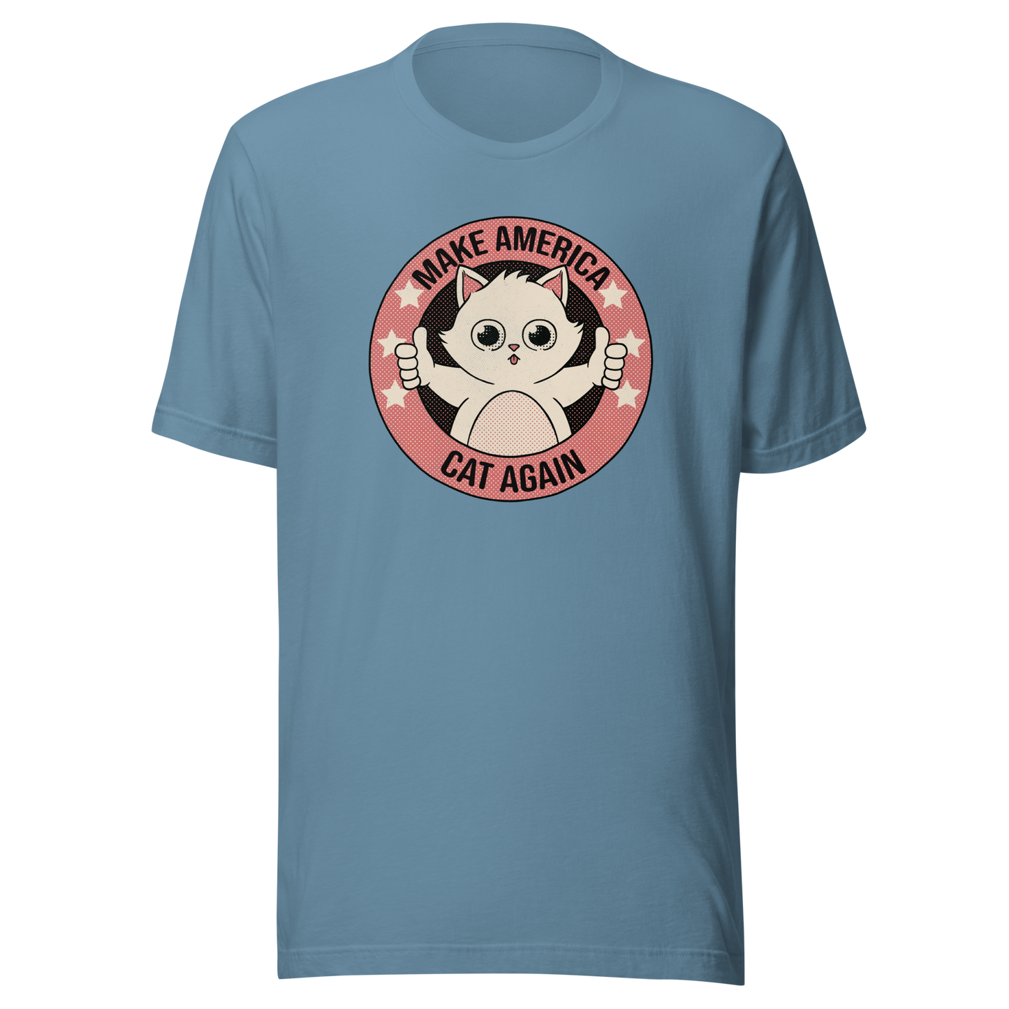 A stamp-style illustration of a cute kitten giving a two-finger thumbs-up, paired with the humorous phrase “Make America Cat Again”. A fun, ironic design for cat lovers and fans of playful pop culture art.