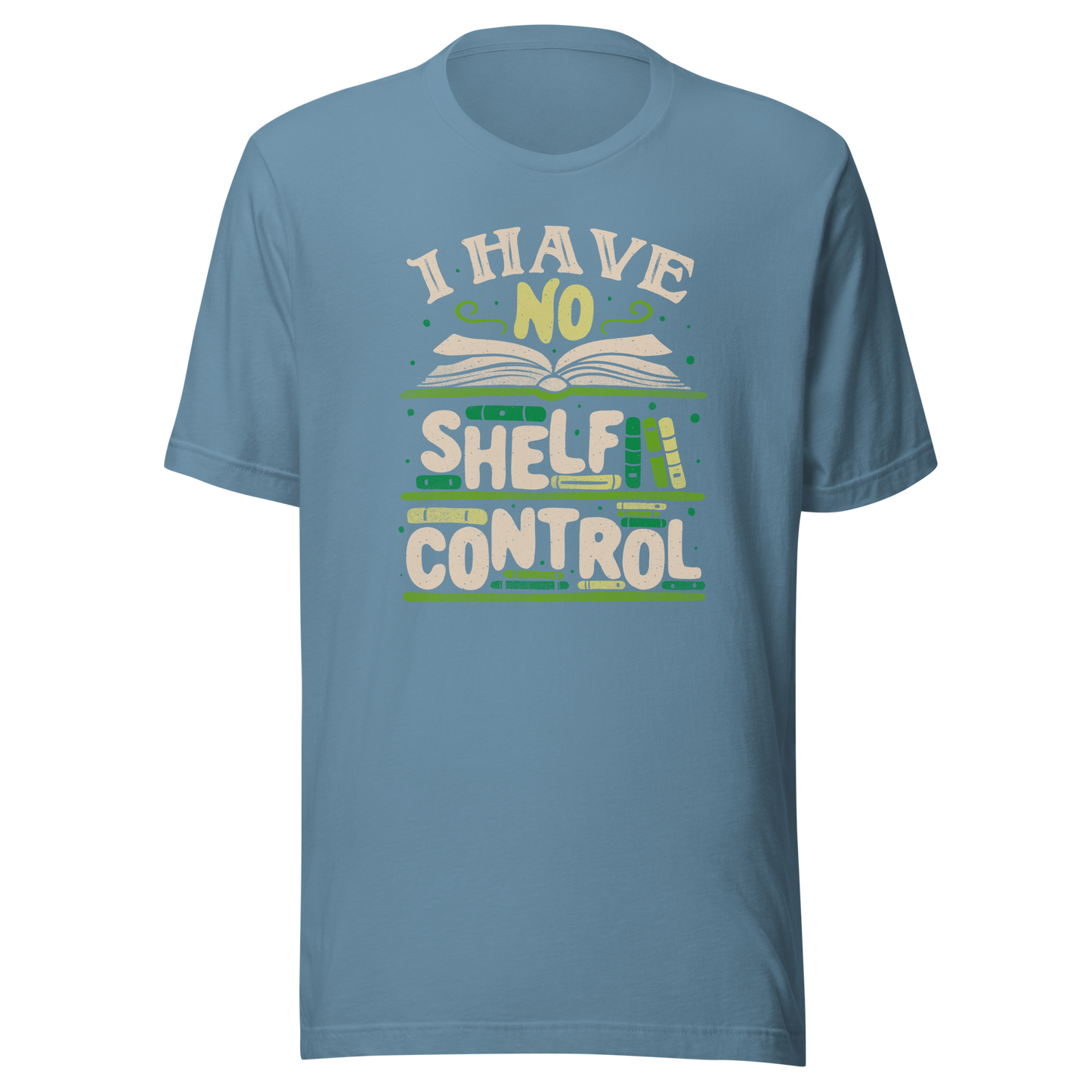 An art with a bookcase full of books and the phrase "I Have no Shelf Control". A perfect gift for anyone who is addicted to books.
