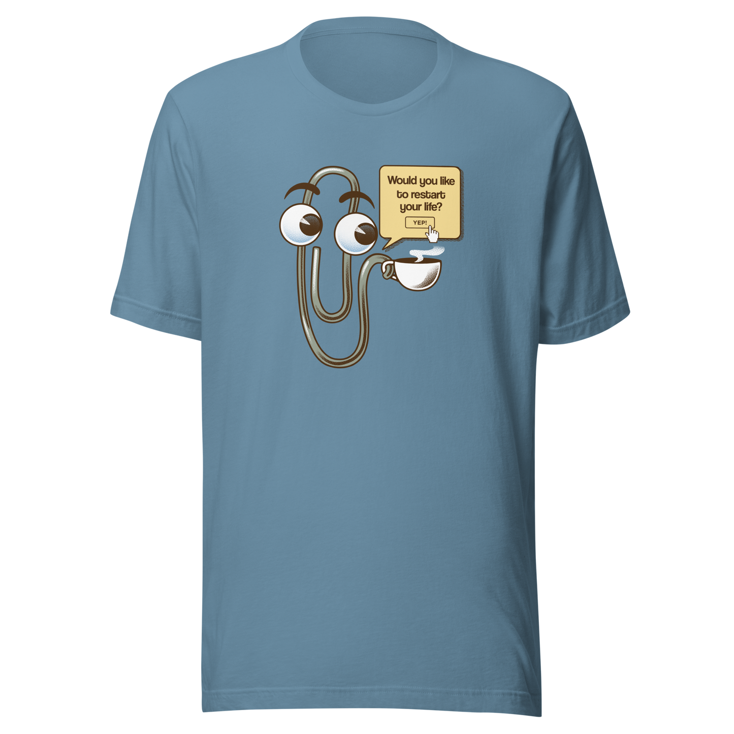 A playful paperclip character holding a cup of coffee with the phrase ‘You Look Like You Need a Coffee’. A witty, nostalgic design perfect for coffee lovers and fans of retro tech humour.