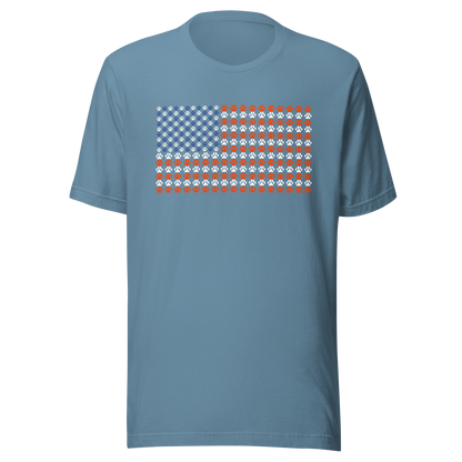 An artistic reinterpretation of the United States flag formed entirely by countless small paw prints. Blending patriotism with pet love, this creative design celebrates animal lovers, dogs, cats, and the special bond between people and their furry companions.