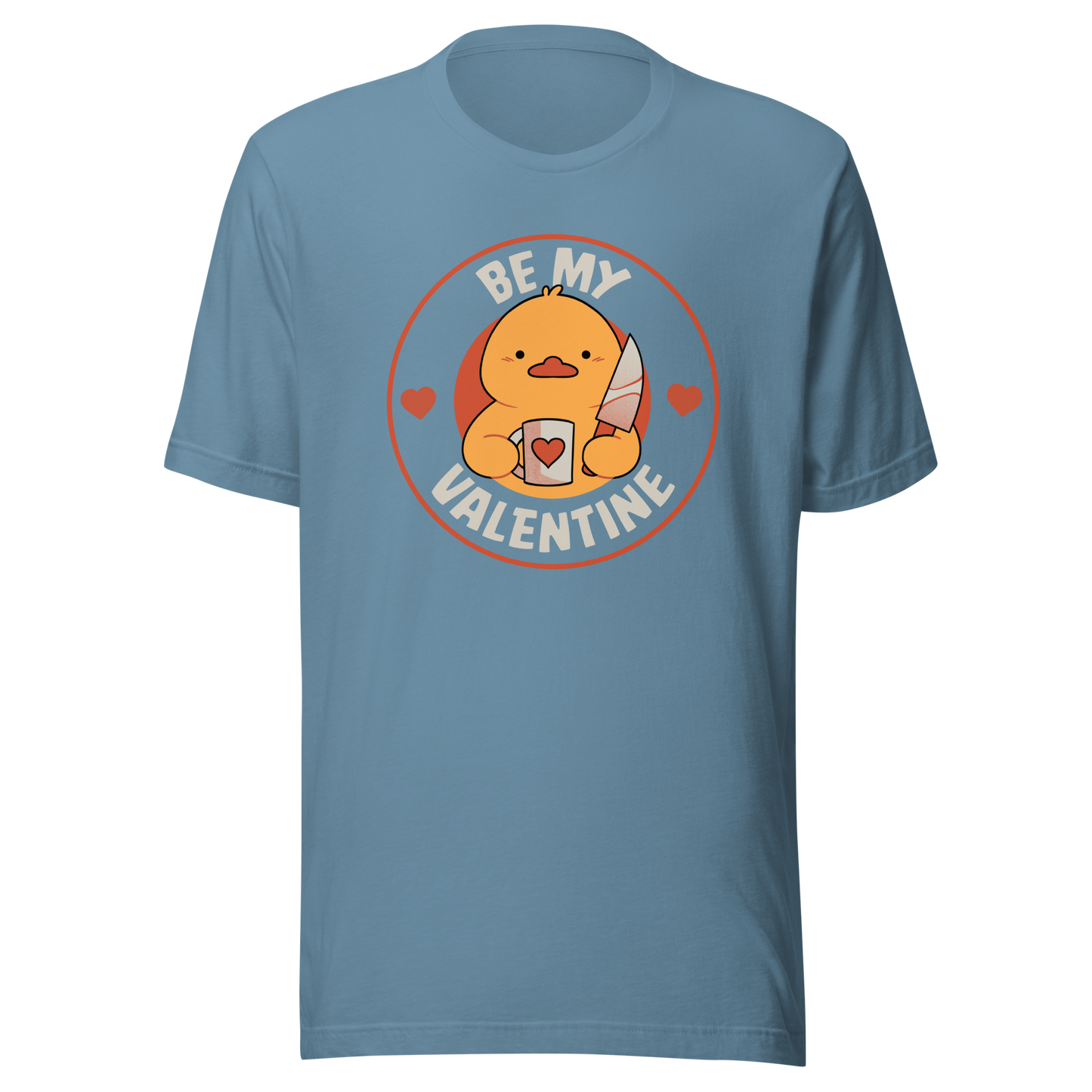 A cute duckling holding a heart-shaped coffee mug and a small knife, paired with the phrase ‘Be My Valentine Funny Duck’. A playful mix of cuteness and dark humor, perfect for coffee lovers and fans of ironic, quirky art.