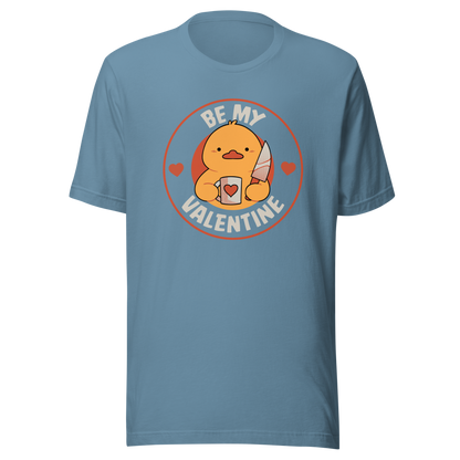 A cute duckling holding a heart-shaped coffee mug and a small knife, paired with the phrase ‘Be My Valentine Funny Duck’. A playful mix of cuteness and dark humor, perfect for coffee lovers and fans of ironic, quirky art.