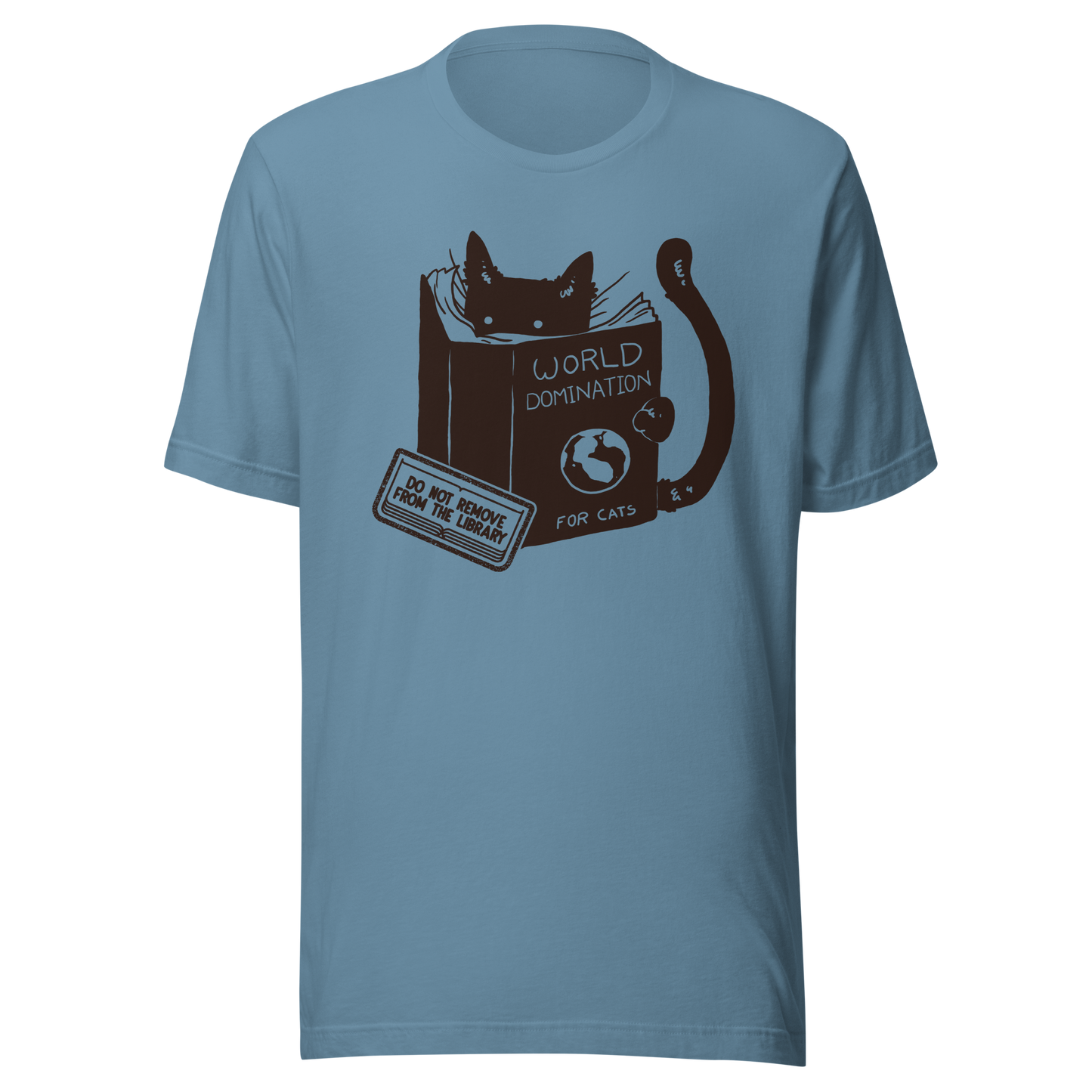 A minimalist illustration of a black kitten reading a book titled “World Domination for Cats,” featuring a humorous “Do Not Remove From Library” sticker. A playful artwork that captures the clever and ambitious nature of cats, perfect for cat lovers and fans of witty minimalist designs.