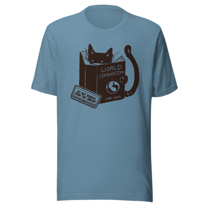 A minimalist illustration of a black kitten reading a book titled “World Domination for Cats,” featuring a humorous “Do Not Remove From Library” sticker. A playful artwork that captures the clever and ambitious nature of cats, perfect for cat lovers and fans of witty minimalist designs.