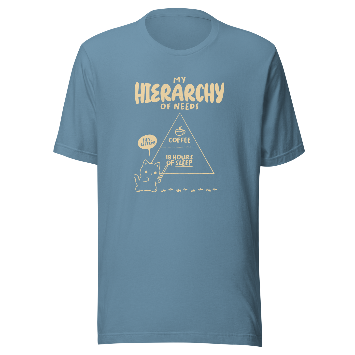 A playful illustration of a cat holding a pointer and presenting its own hierarchy of needs on a triangle chart, with coffee at the very top and 18 hours of sleep right below. A humorous piece for cat lovers who know exactly what really matters.