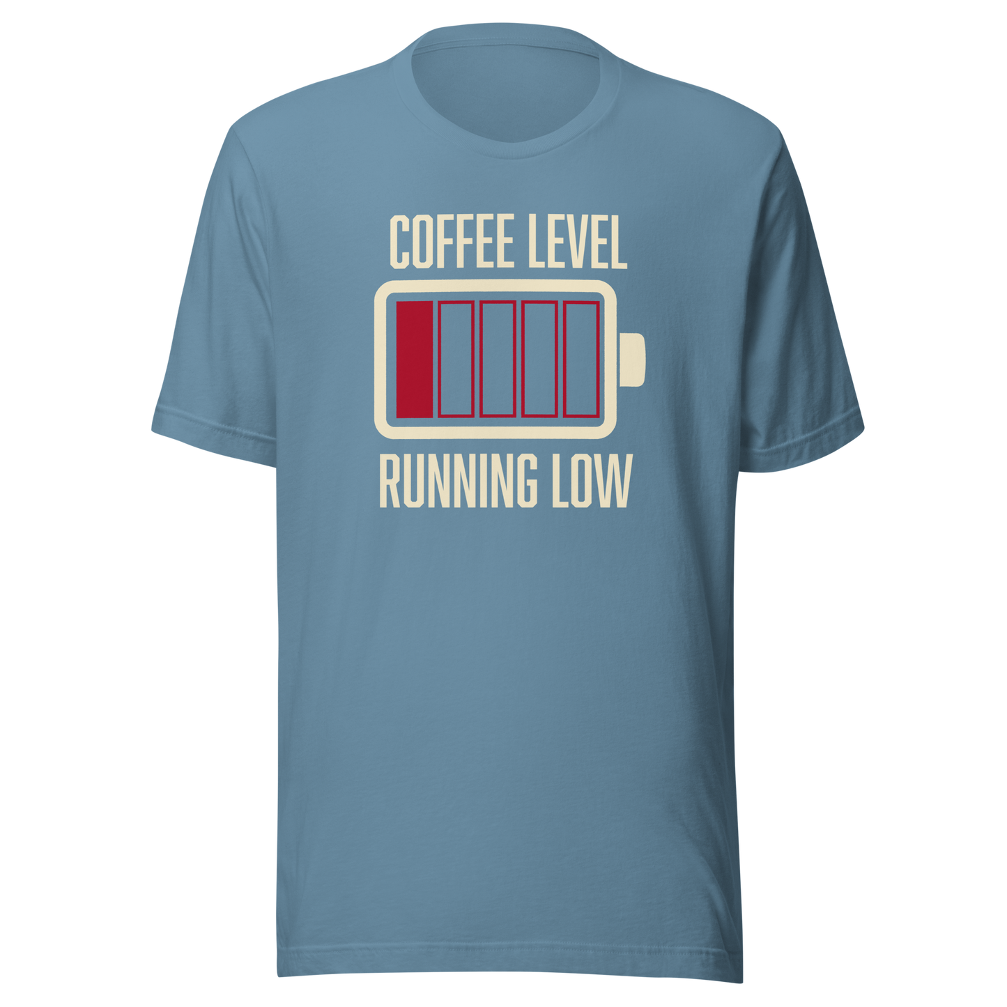 A minimalist artwork featuring a nearly empty battery indicator paired with the phrase ‘Coffee Level Running Low.’ A witty and relatable design for coffee lovers, caffeine addicts, office workers, students, and anyone who runs on coffee to get through the day.