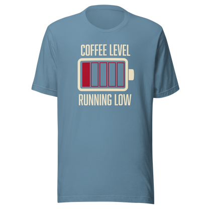 A minimalist artwork featuring a nearly empty battery indicator paired with the phrase ‘Coffee Level Running Low.’ A witty and relatable design for coffee lovers, caffeine addicts, office workers, students, and anyone who runs on coffee to get through the day.