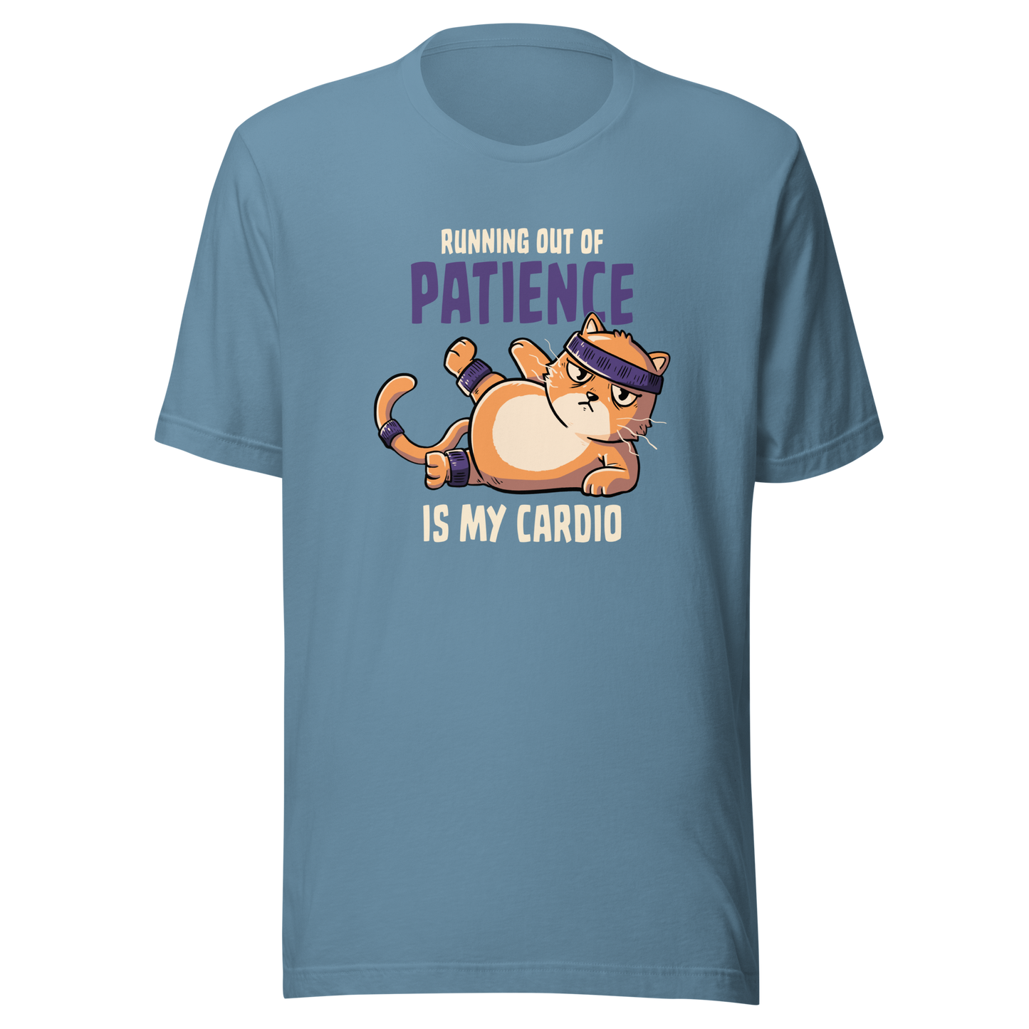 An orange kitten in gym clothes mid-aerobics, serving effort… and attitude. Paired with the phrase "Running Out Of Patience Is My Cardio", this funny cat design is perfect for anyone who considers sarcasm their main workout. A playful, relatable illustration for cat lovers, gym avoiders, and fans of witty humor.
