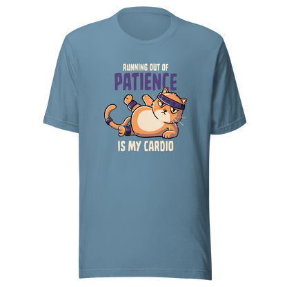 An orange kitten in gym clothes mid-aerobics, serving effort… and attitude. Paired with the phrase "Running Out Of Patience Is My Cardio", this funny cat design is perfect for anyone who considers sarcasm their main workout. A playful, relatable illustration for cat lovers, gym avoiders, and fans of witty humor.