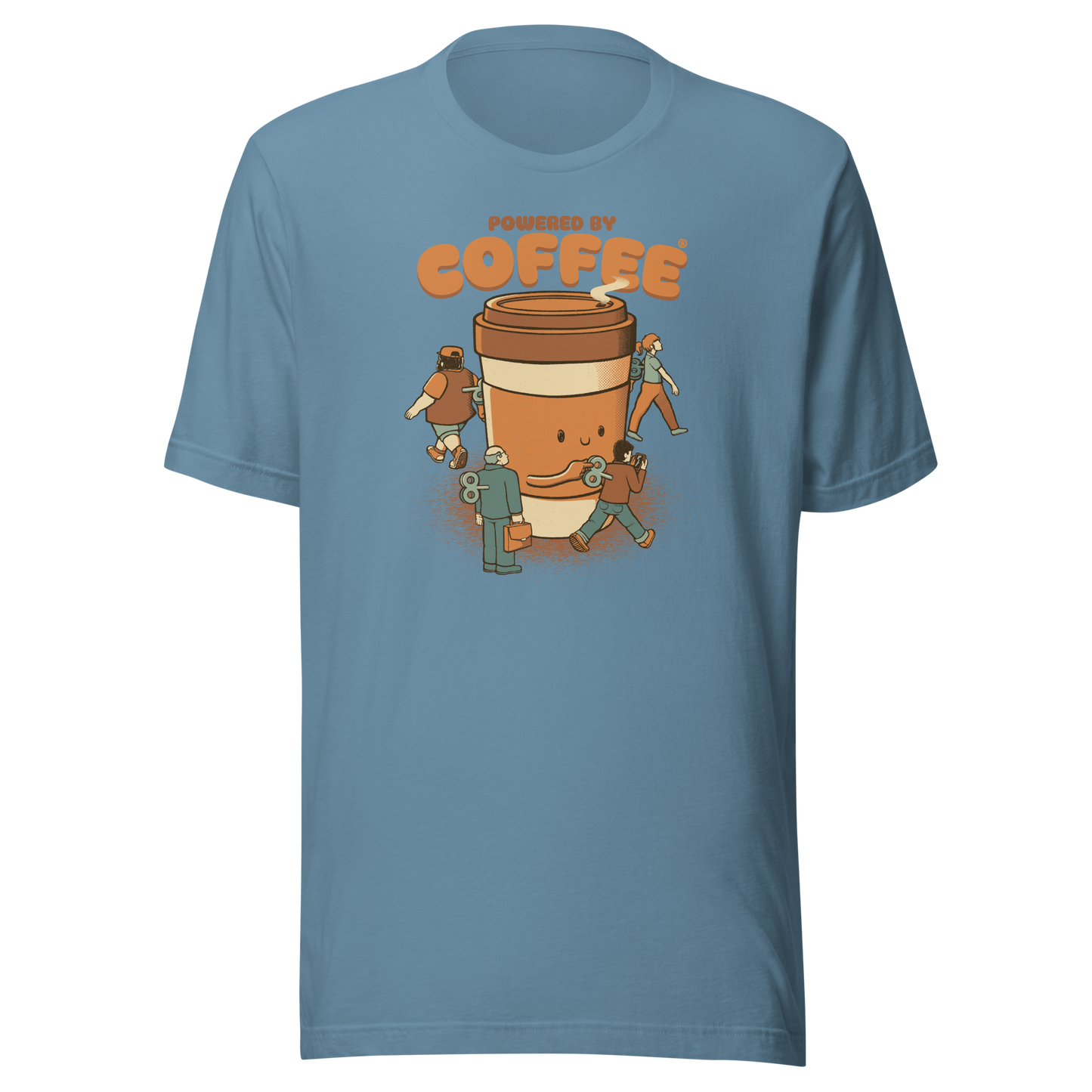 A playful illustration of a giant coffee cup winding up tiny wind-up dolls, a fun nod to caffeine as the fuel that keeps life moving. Featuring the phrase “Powered By Coffee”, it’s the perfect gift for coffee lovers who can’t function without their daily cup.