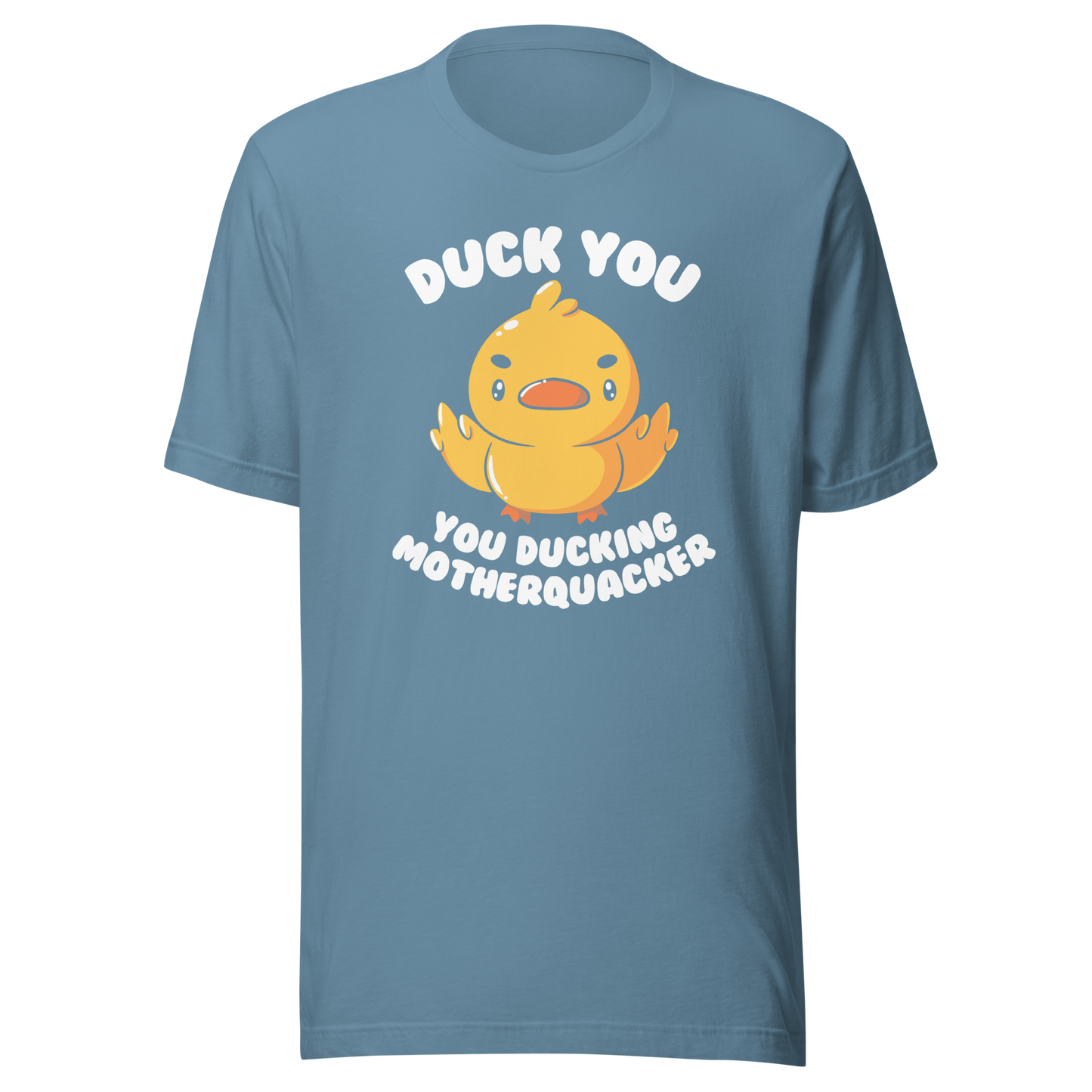 A cute yellow duckling with a mean face showing his middle fingers, next to it the phrase "Duck You, you ducking motherquacker". An art with humor for those who love ducks.