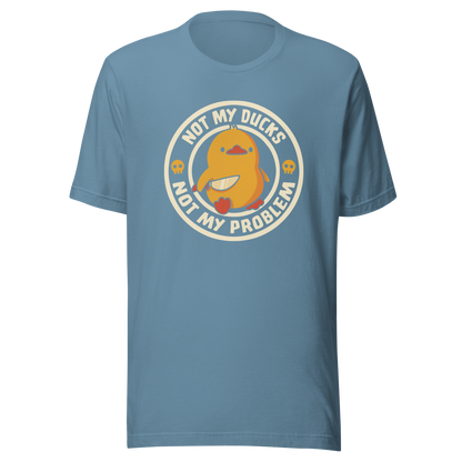A cute yellow duck holding a tiny knife with an unexpectedly fierce attitude. Around it, the phrase "Not My Ducks Not My Problem" adds a sarcastic twist to the sweet but chaotic vibe. A playful design that blends humor, duck drama, and a touch of unapologetic mischief, perfect for fans of witty, slightly unhinged art.