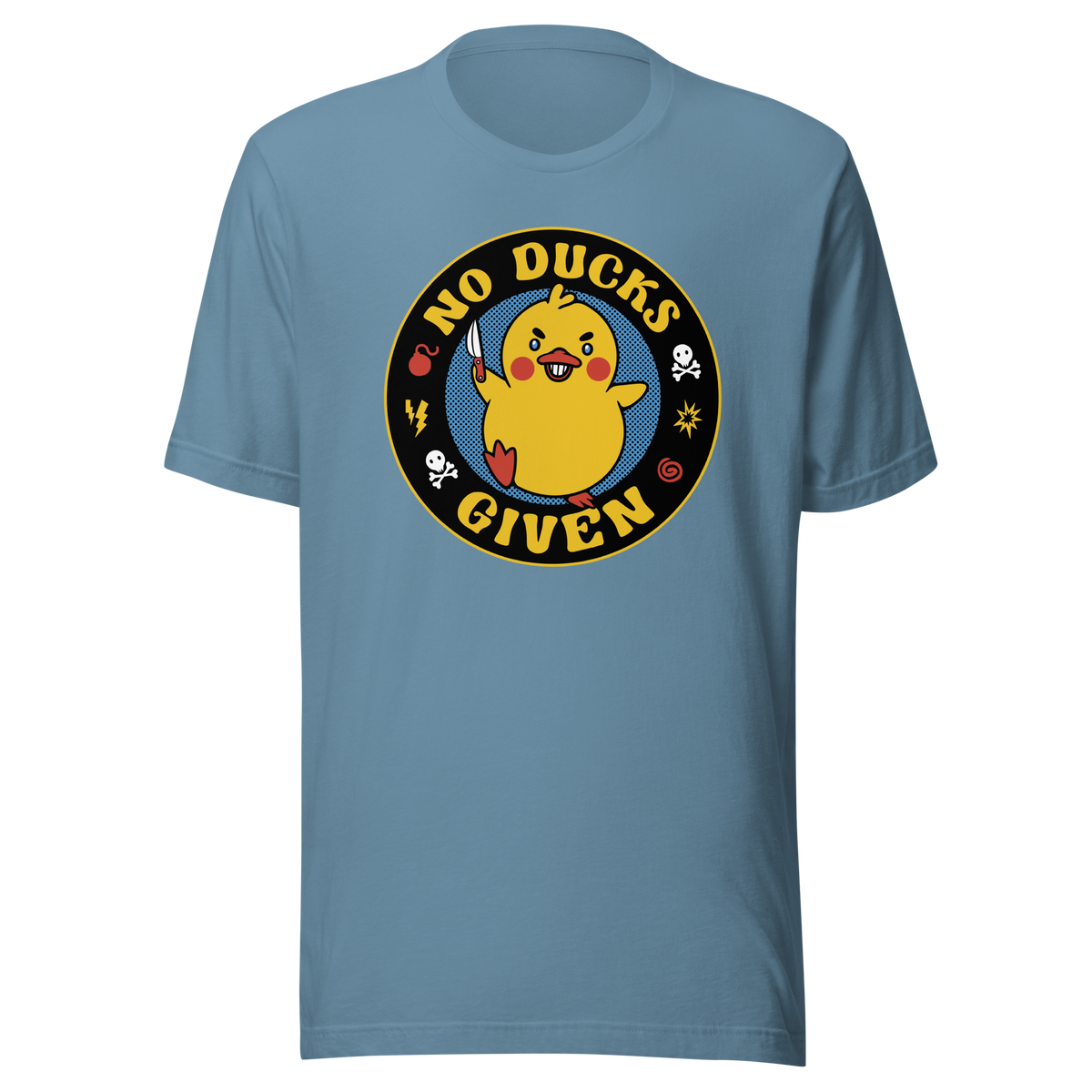A cute yellow duck holding a small knife, around it the text "No Ducks Given". An art that mixes humor with the temperament of ducks.