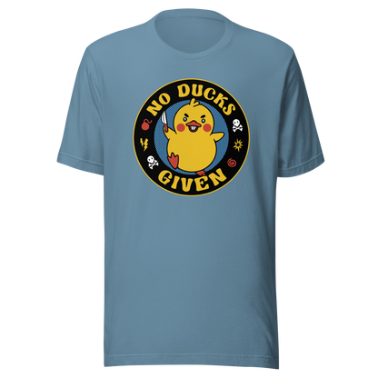 A cute yellow duck holding a small knife, around it the text "No Ducks Given". An art that mixes humor with the temperament of ducks.