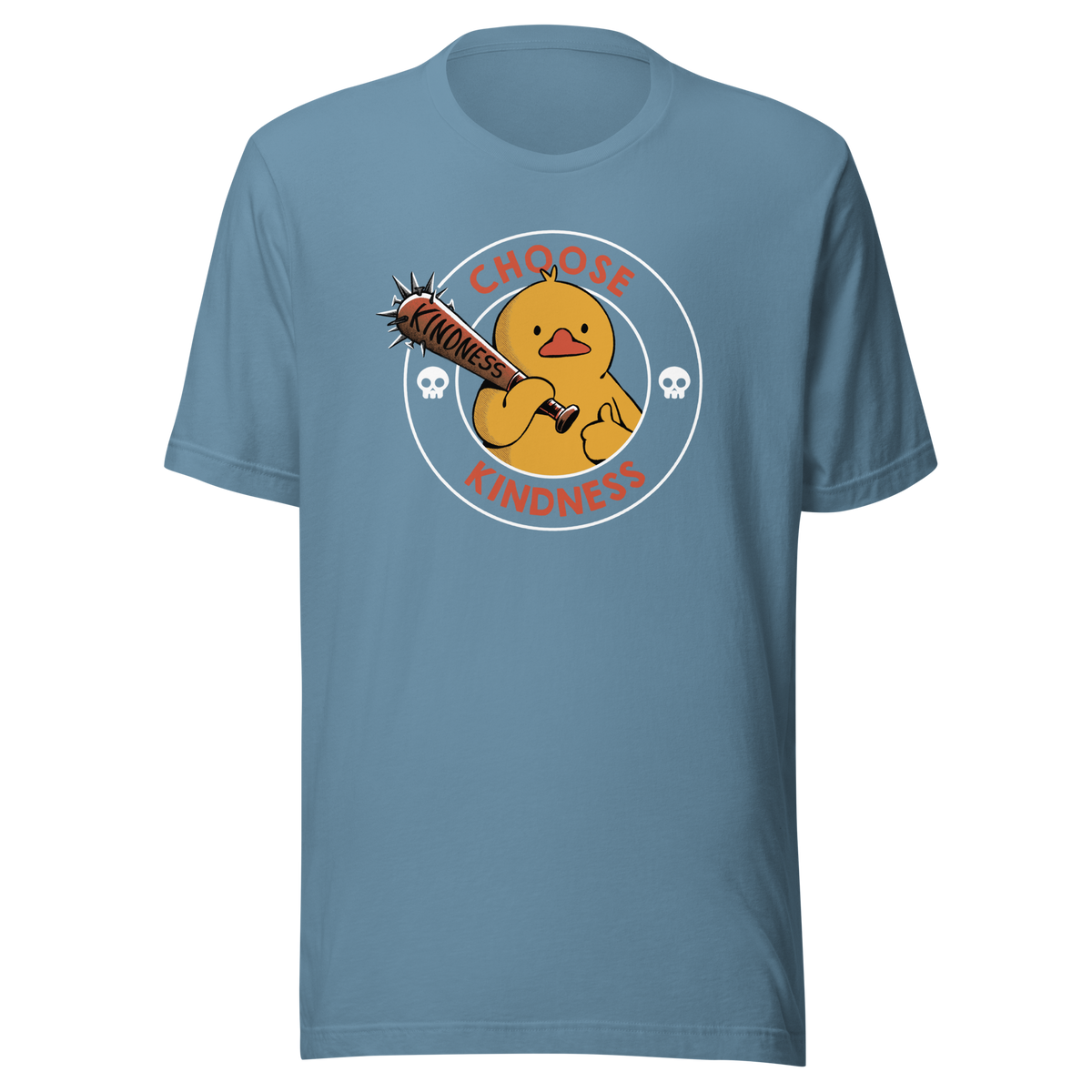 A tough-looking duck holds a spiked bat labeled “Kindness”, giving a thumbs up while surrounded by the phrase “Choose Kindness”. This bold design delivers a chaotic yet wholesome message: choose kindness — or else. Ideal for fans of dark humor, ducks with attitude, and ironic motivational vibes.