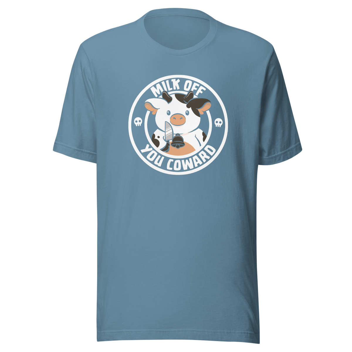 A quirky stamp-style design featuring a cute spotted cow holding a knife alongside the phrase "Milk Off You Coward". Blending dark humour with a cheeky attitude, this playful design is perfect for cow lovers, fans of sarcastic humour, and anyone who enjoys bold, irreverent artwork.