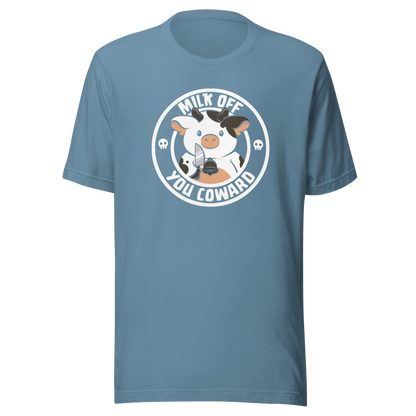 A quirky stamp-style design featuring a cute spotted cow holding a knife alongside the phrase "Milk Off You Coward". Blending dark humour with a cheeky attitude, this playful design is perfect for cow lovers, fans of sarcastic humour, and anyone who enjoys bold, irreverent artwork.