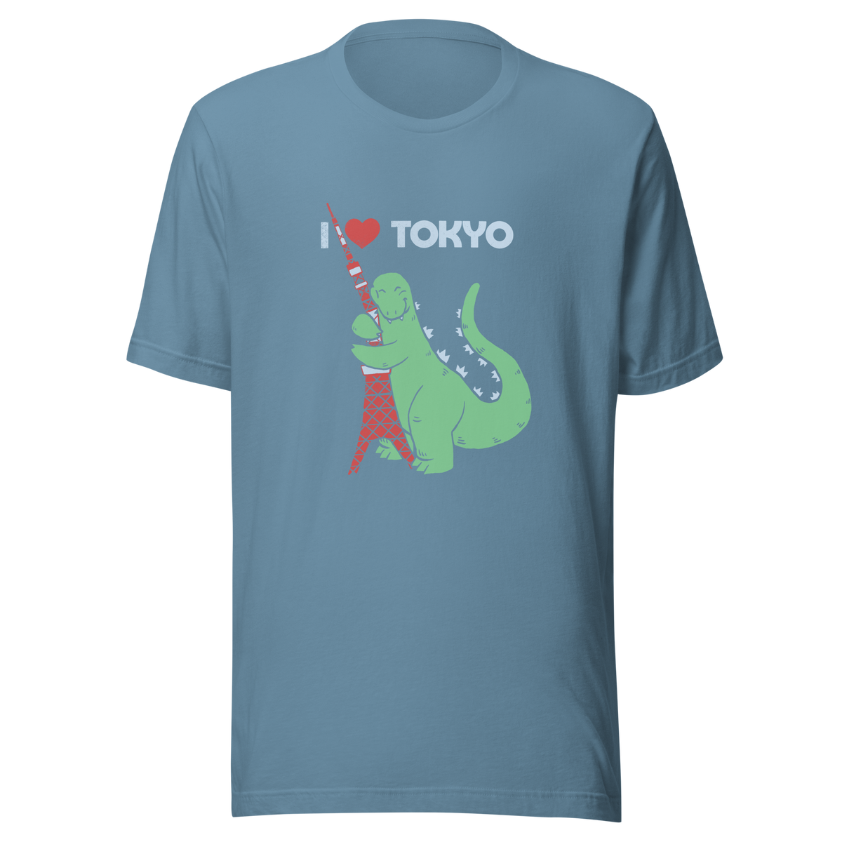 Funny cartoon monster hugging the Tokyo Tower under an “I Love Tokyo” sign. Retro-style parody artwork with vintage textures and playful giant-creature humor.