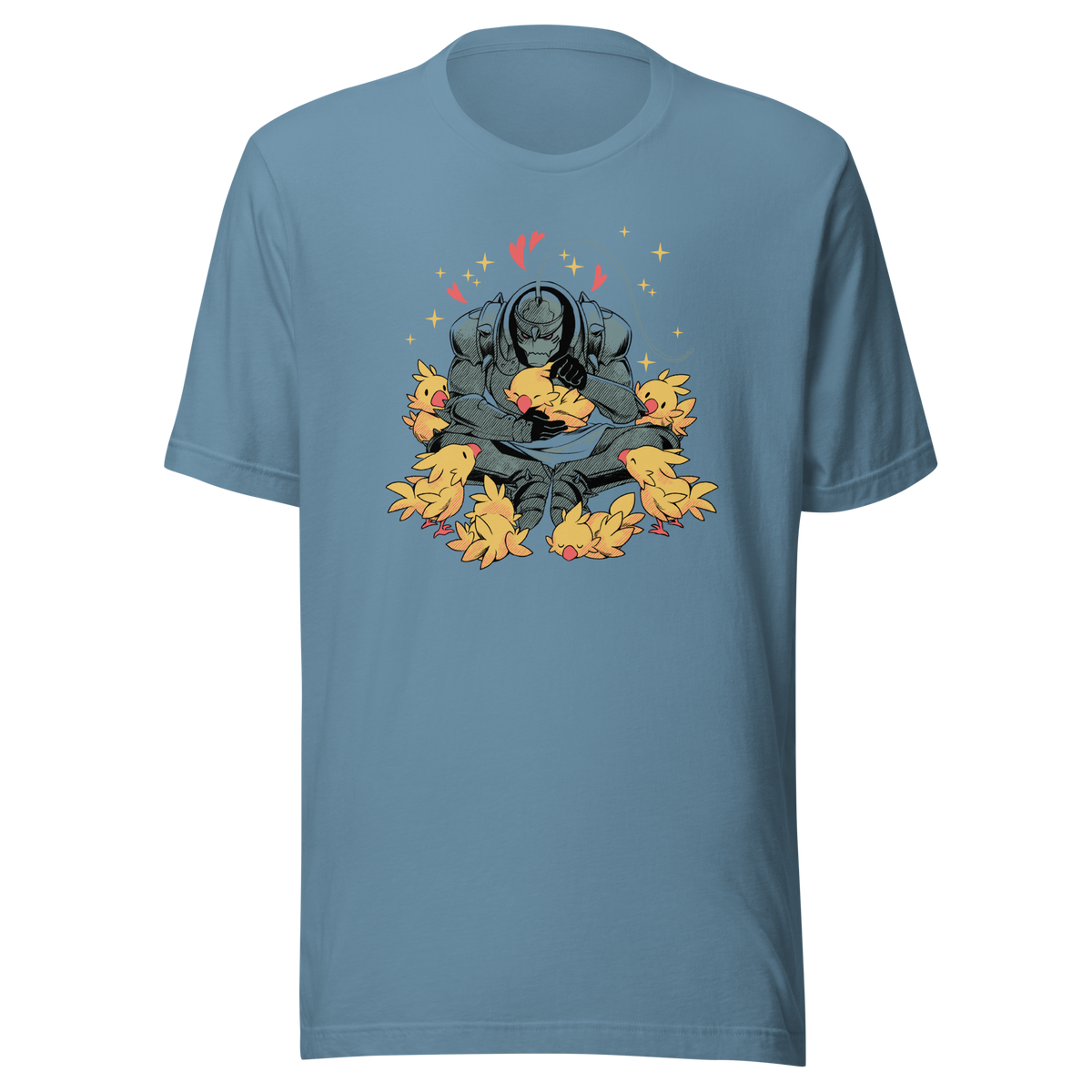 A dark armored warrior sits cross-legged, gently cuddling a group of fluffy yellow birds. Pink hearts and golden sparkles surround the unlikely duo, creating a humorous contrast between a fierce appearance and a tender, affectionate side.