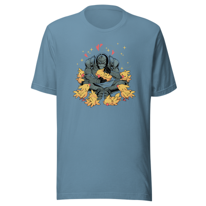 A dark armored warrior sits cross-legged, gently cuddling a group of fluffy yellow birds. Pink hearts and golden sparkles surround the unlikely duo, creating a humorous contrast between a fierce appearance and a tender, affectionate side.