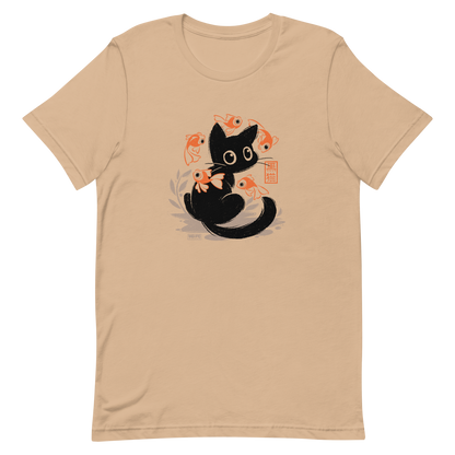 This unique design features a charming black cat amidst playful koi, rendered in beautiful Sumi-e ink style. A perfect blend of Japanese art and anime whimsy for any cat lover.