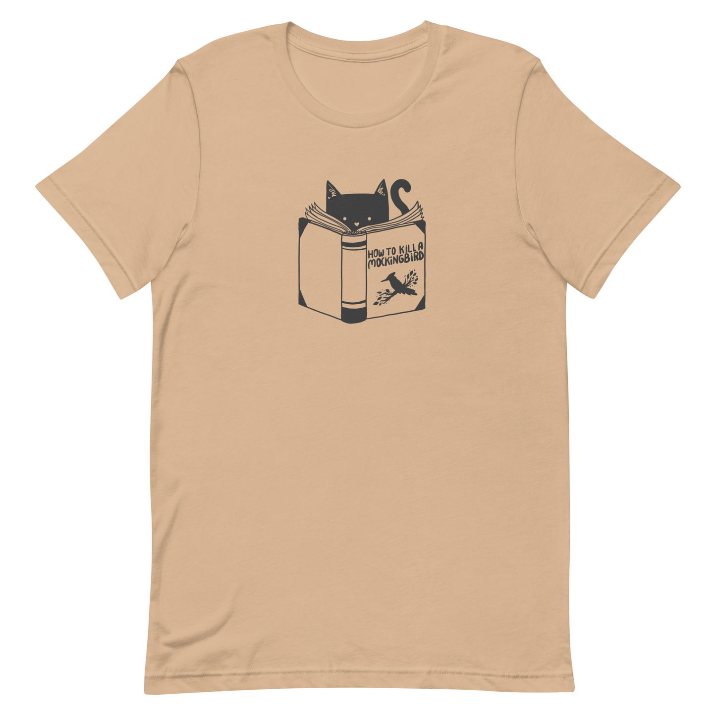 A black and white illustration features a cat peeking over an open book titled 'How to Kill a Mockingbird,' playfully altering the classic novel's title. The cat has a heart-shaped nose and simple, cute facial features. The design is whimsical and ironic, combining classic literature with a humorous twist.