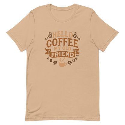 Vintage-style graphic featuring the phrase “Hello Coffee My Old Friend” in bold brown lettering, surrounded by decorative flourishes, coffee beans, and a steaming coffee cup.