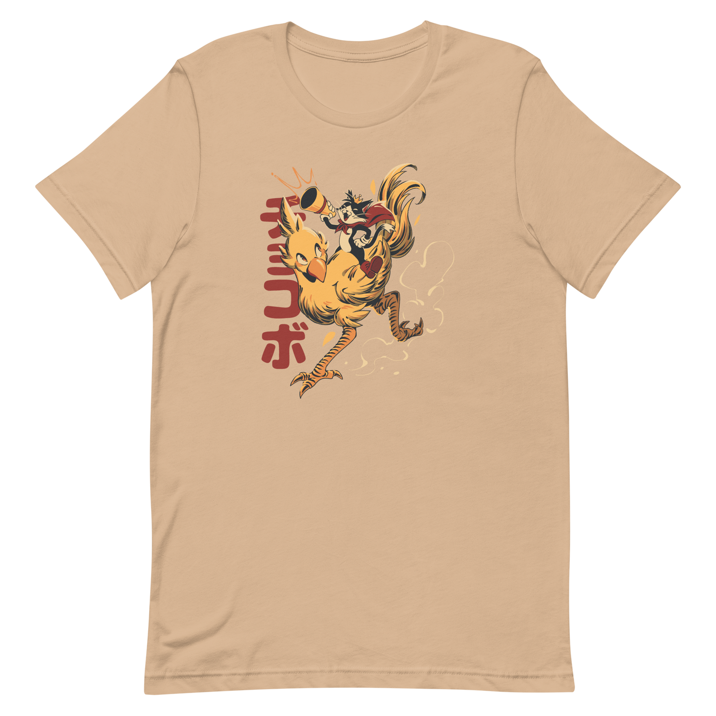 A stylized cartoon illustration of a confident cat wearing a cape and crown while riding a large yellow bird at full speed, with dynamic motion lines and Japanese writing in the background.