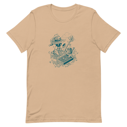 Illustration of a small wizard-like figure kneeling in a garden, using a trowel to plant seedlings while tiny plant creatures gather around, with a staff, watering can, and clouds in the background, drawn in a monochrome teal style.