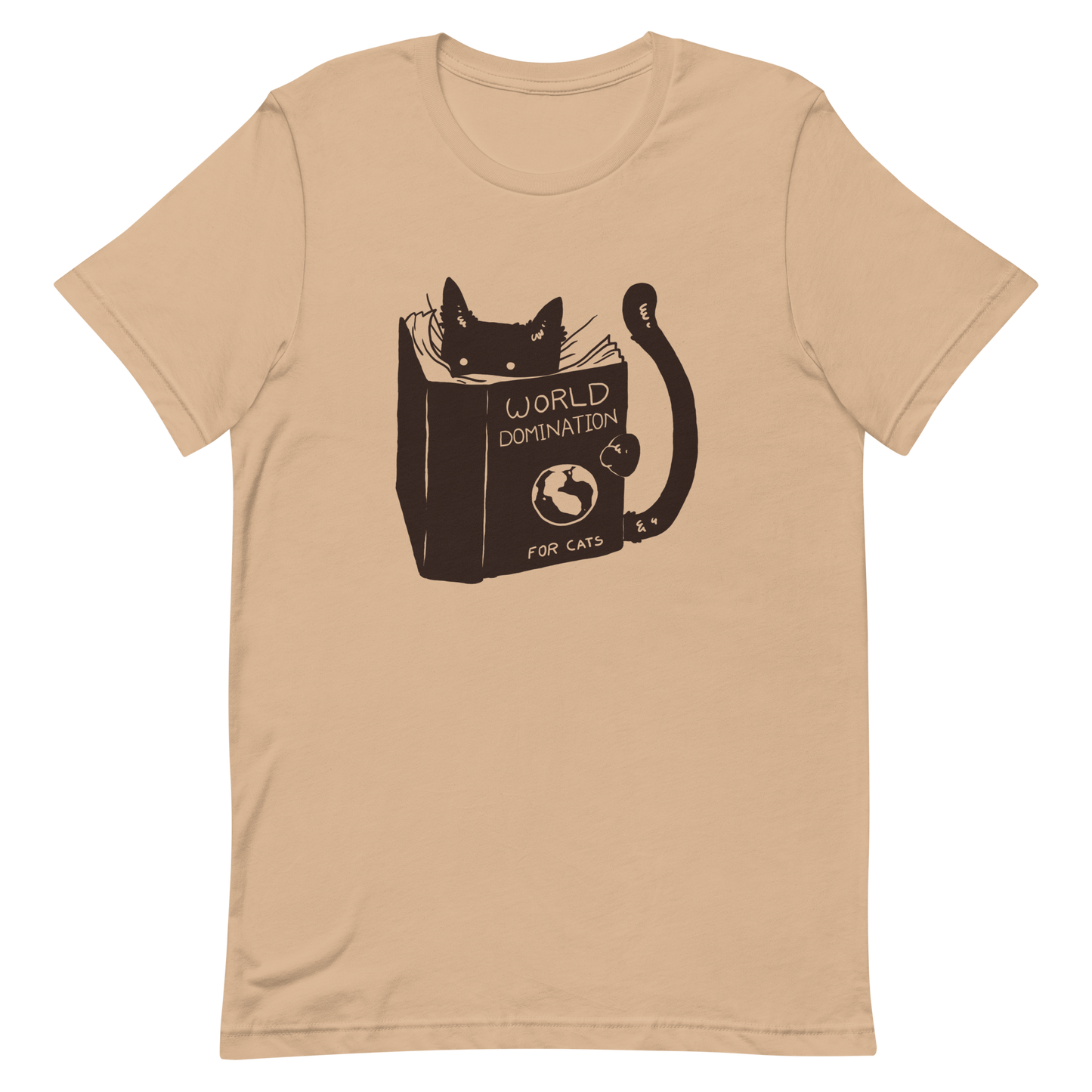 The design features a black silhouette of a cat peeking from behind an oversized book. The book's cover reads 'World Domination for Cats,' and includes a simple drawing of a globe. The cat's eyes are wide open, suggesting either surprise or intense focus on its 'world domination' plans.