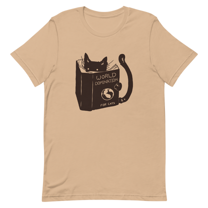 The design features a black silhouette of a cat peeking from behind an oversized book. The book's cover reads 'World Domination for Cats,' and includes a simple drawing of a globe. The cat's eyes are wide open, suggesting either surprise or intense focus on its 'world domination' plans.