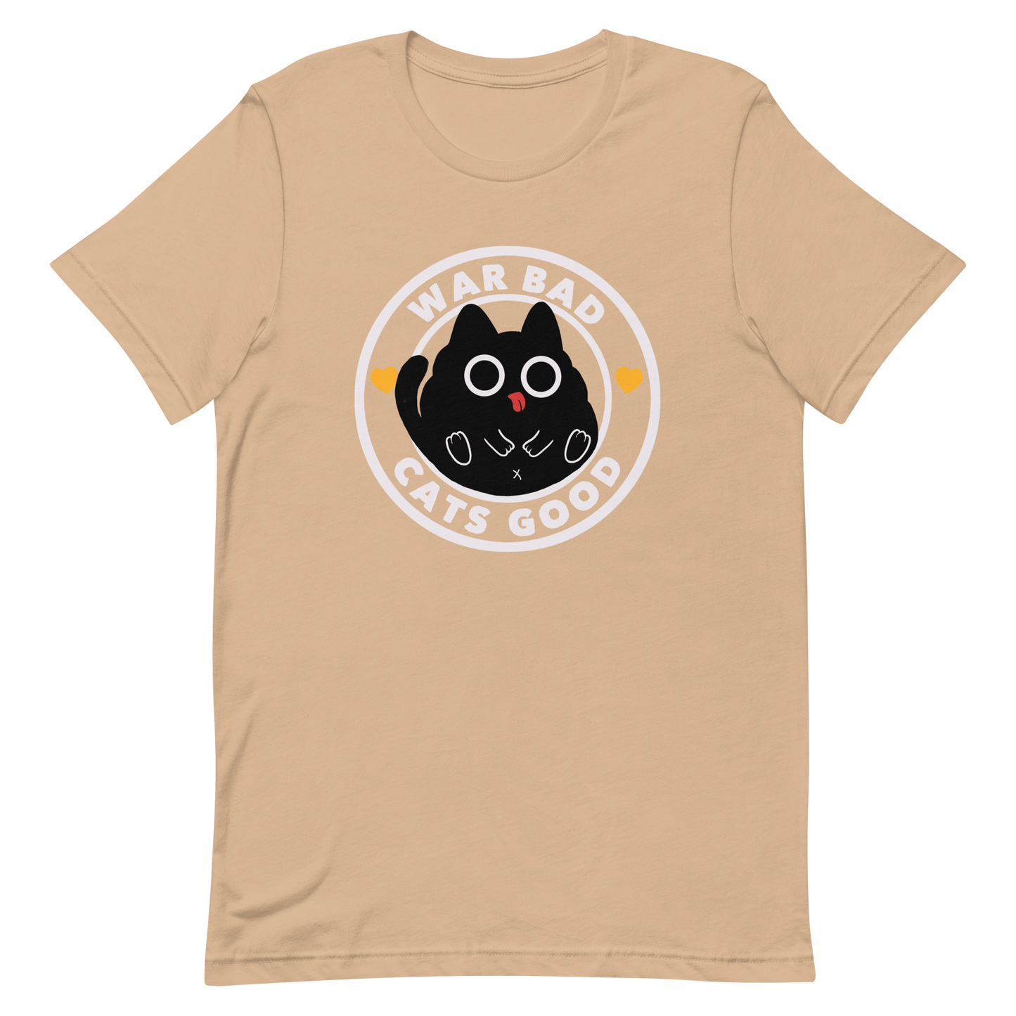 A chubby black cat with big round eyes sits in the center of a circle with the words “War Bad, Cats Good.” This artwork mixes cuteness with a powerful message, reminding us that peace and love always win over conflict. Perfect for cat lovers, peace advocates, and anyone who enjoys playful yet meaningful designs.