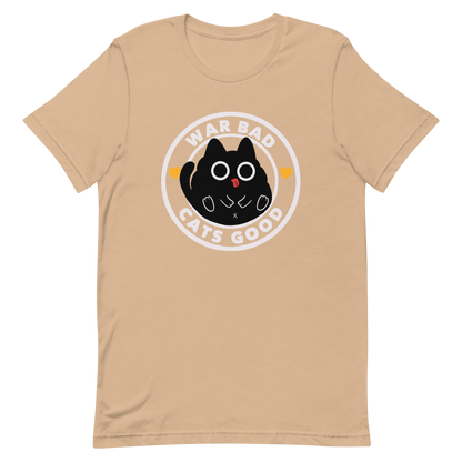 A chubby black cat with big round eyes sits in the center of a circle with the words “War Bad, Cats Good.” This artwork mixes cuteness with a powerful message, reminding us that peace and love always win over conflict. Perfect for cat lovers, peace advocates, and anyone who enjoys playful yet meaningful designs.
