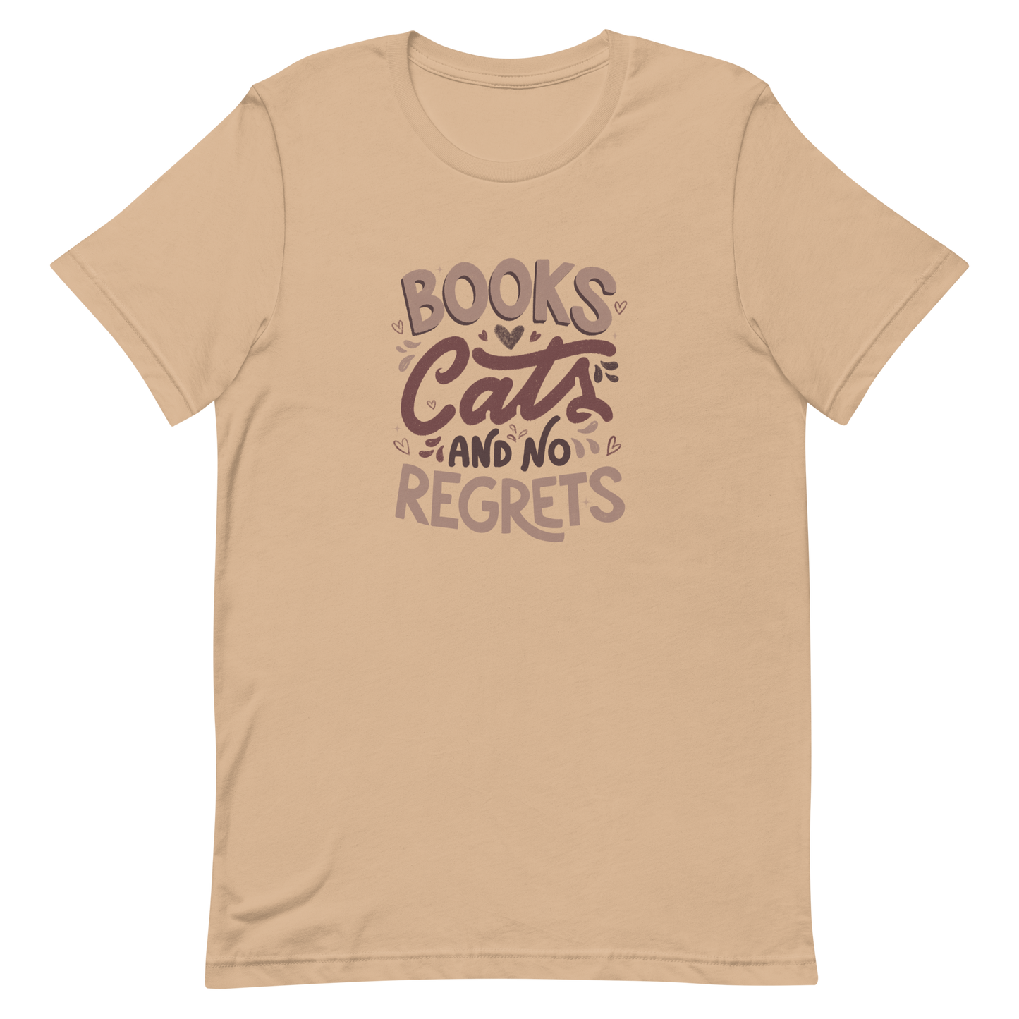 A stylish lettering with the phrase "Books, Cats, and No Regrets," decorated with hearts and cute details, conveys the idea that books and cats are all we need for a happy, regret-free life. Perfect for book lovers and cat lovers who enjoy prints full of personality.