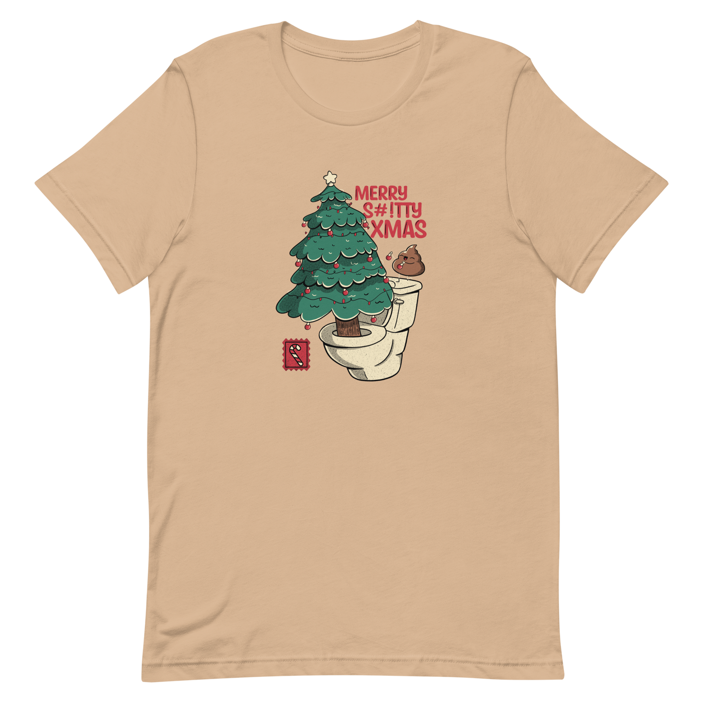 A toilet from which a Christmas tree is being decorated with Christmas decorations by a small poop, next to them the phrase "Merry Shitty Xmas". An art with a lot of humor for the Christmas mood.