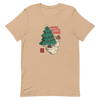 A toilet from which a Christmas tree is being decorated with Christmas decorations by a small poop, next to them the phrase "Merry Shitty Xmas". An art with a lot of humor for the Christmas mood.