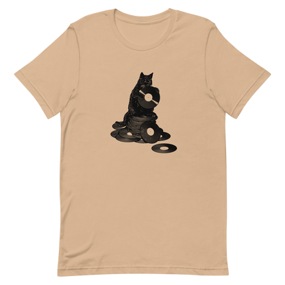 This design features a black cat cozily perched atop a stack of vinyl records, clutching one like it’s pure gold. It’s a tribute to analog lovers, feline charm, and the timeless joy of spinning a record. Perfect for music collectors, cat enthusiasts, and anyone with a nostalgic soul.
