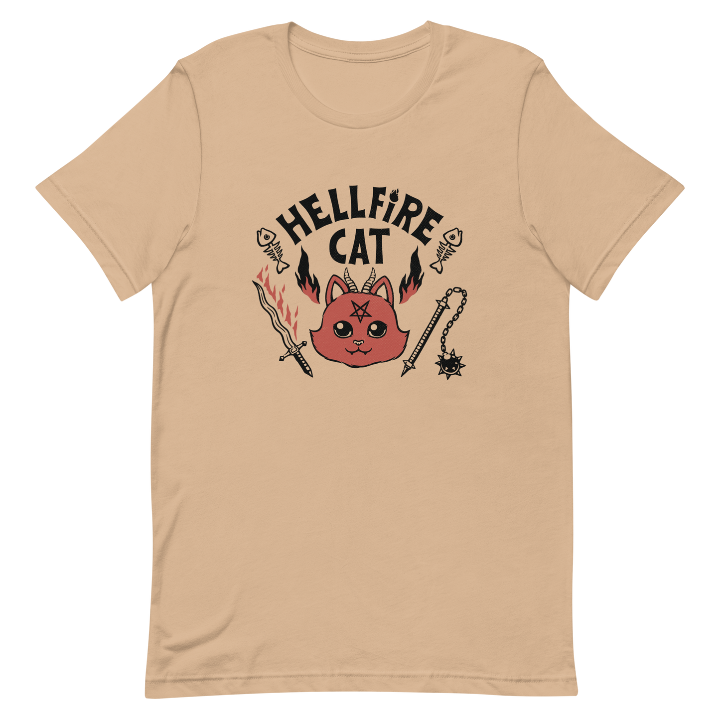 Vintage-style illustration of a cute red devil cat with small horns and a pentagram on its forehead, surrounded by flames, weapons, fish skeletons, and the bold phrase “Hellfire Cat” in a playful gothic design.