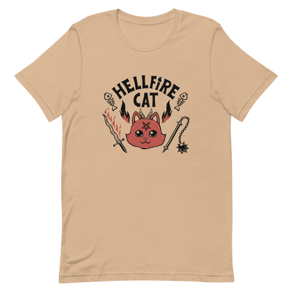 Vintage-style illustration of a cute red devil cat with small horns and a pentagram on its forehead, surrounded by flames, weapons, fish skeletons, and the bold phrase “Hellfire Cat” in a playful gothic design.