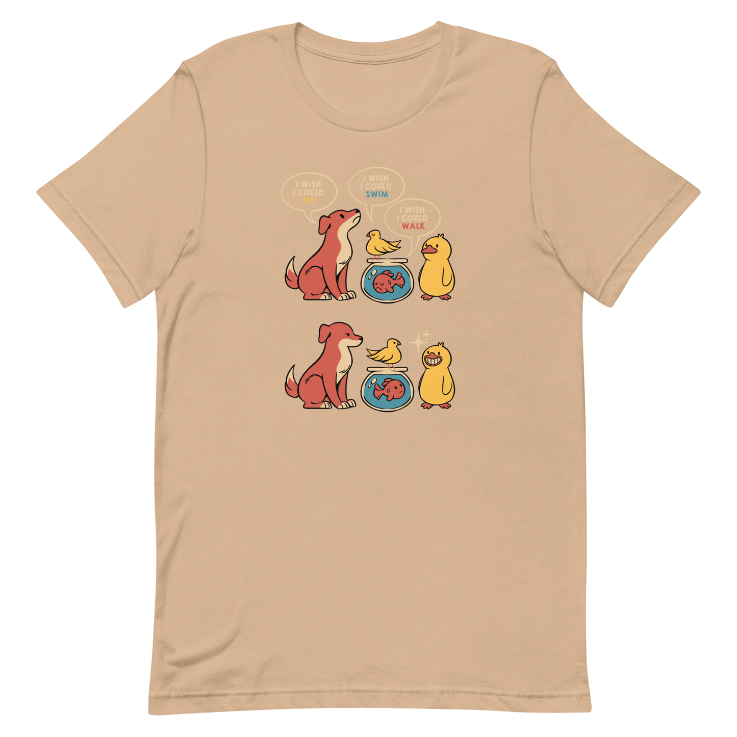 This funny and heartwarming illustration shows a dog, a bird, a fish and a duck each wishing they could do what the others can — fly, swim or walk. In the end, the duck proudly realizes it can do all three, delivering a cute reminder to appreciate your own abilities. A perfect illustration for animal lovers and fans of positive, humorous art.