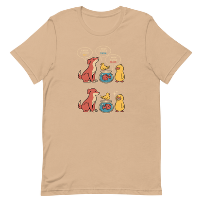 This funny and heartwarming illustration shows a dog, a bird, a fish and a duck each wishing they could do what the others can — fly, swim or walk. In the end, the duck proudly realizes it can do all three, delivering a cute reminder to appreciate your own abilities. A perfect illustration for animal lovers and fans of positive, humorous art.