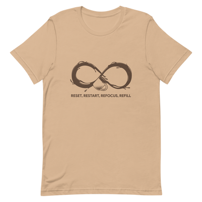A coffee cup spills endlessly, forming an infinity symbol made of flowing coffee. This artwork celebrates the endless cycle of energy, focus, and motivation that keeps us going. Perfect for coffee lovers, caffeine addicts, and anyone who believes that every restart begins with a refill.