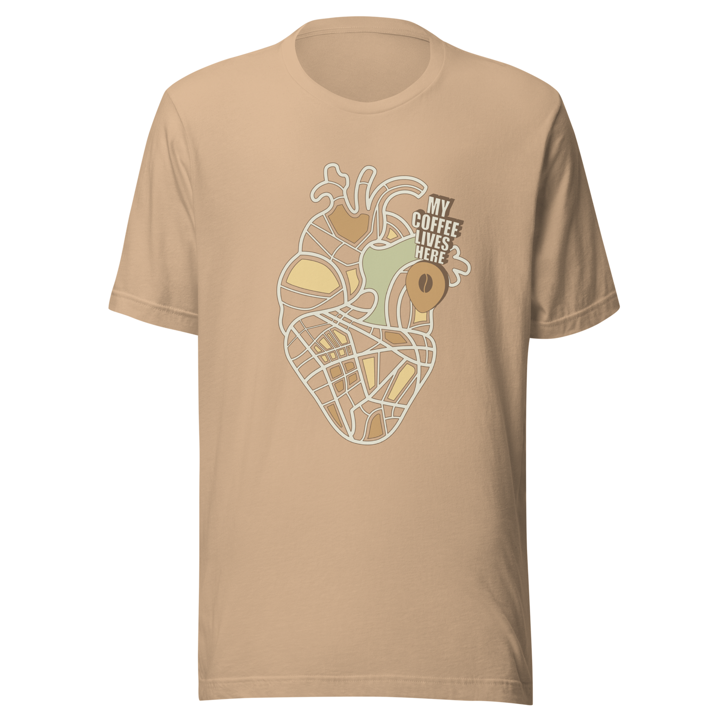 An anatomical heart illustrated like a map, marked with a small coffee-bean pin beside the phrase “My Coffee Lives Here”. A symbolic and cozy design that blends warmth and creativity, perfect for coffee lovers who treat their favorite brew as the fuel that keeps their heart beating.