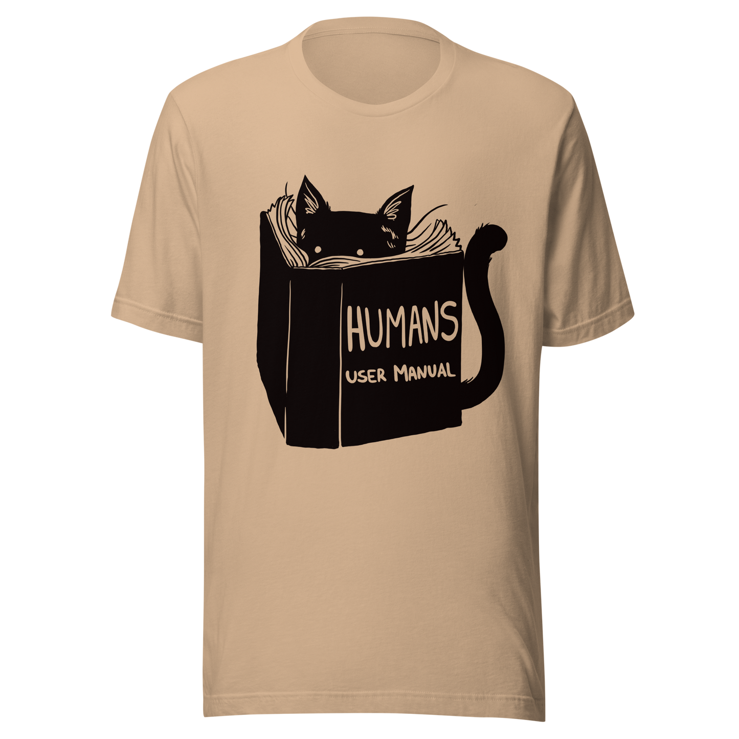 A kitten peeking out from behind a huge book titled "Humans: User Manual". This design plays on the idea that cats are trying to figure out how to control us. Perfect for cat lovers, book fans, and anyone who enjoys lighthearted humor in prints.