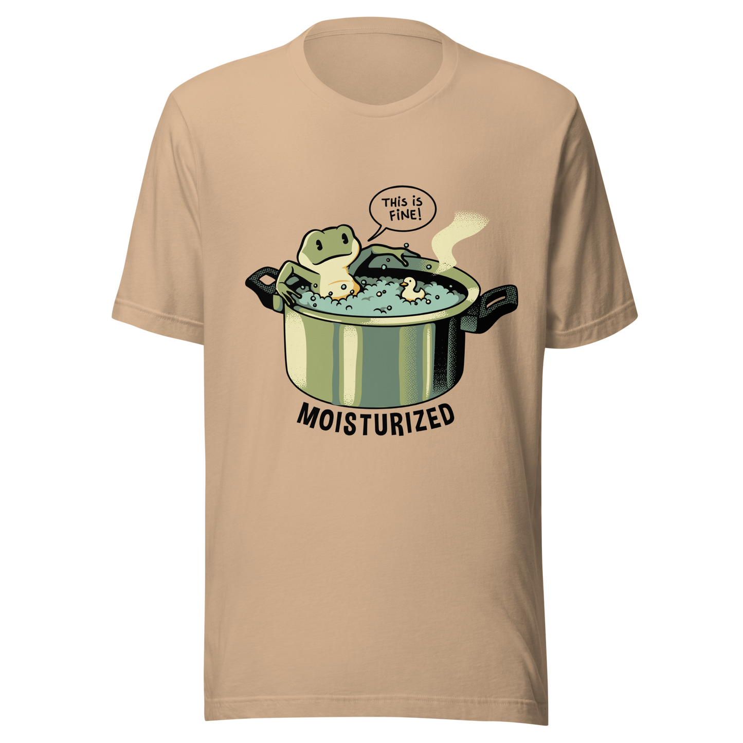 A relaxing frog enjoys a bath in a pot of boiling water while calmly saying, “This is fine”. This artwork combines sarcastic humor with an unexpectedly relaxed vibe. Perfect for frog lovers, memes, irony, and a touch of playful absurdity.