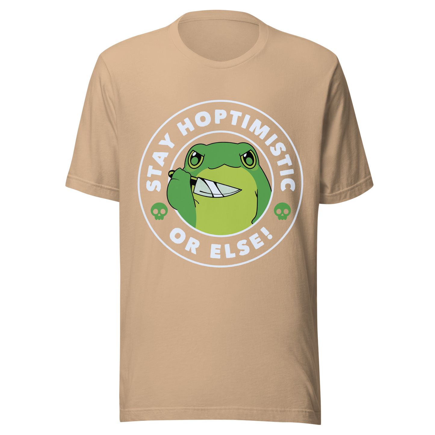 A green frog with a determined look stands beside the playful phrase “Stay Hoptimistic — Or Else”. A fun pun with a slightly chaotic twist, perfect for frog lovers and anyone who enjoys quirky, attitude-filled humor.