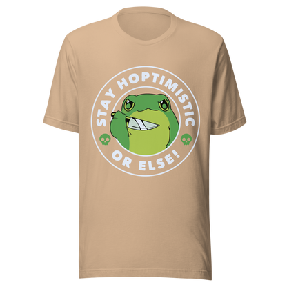 A green frog with a determined look stands beside the playful phrase “Stay Hoptimistic — Or Else”. A fun pun with a slightly chaotic twist, perfect for frog lovers and anyone who enjoys quirky, attitude-filled humor.