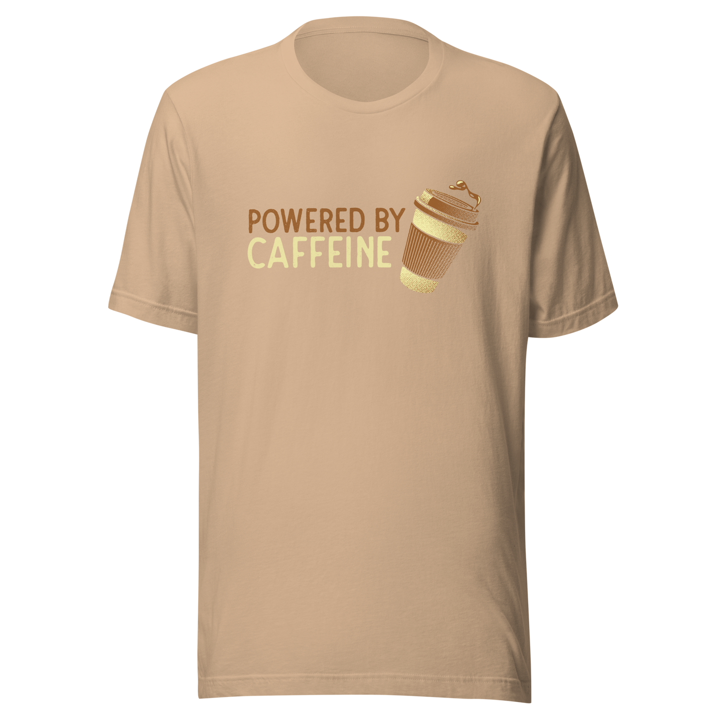 A steaming coffee cup tilts playfully beside the phrase “Powered by Caffeine,” written in bold, vintage-style lettering. This design perfectly captures the spirit of those who run entirely on coffee and determination. Ideal for caffeine lovers, coffee addicts and anyone who can’t start the day without their favorite brew.